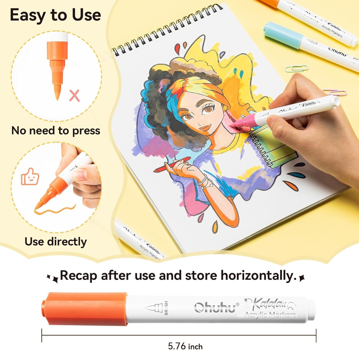 Ohuhu Set 30 Markere Acrilice Kalalau, Baza Apa, Varf Brush Flexibil, Pentru Sticla, Ceramica, Pietre, Lemn, Plastic, Hartie, Panza, Multicolor Y30-80601-82