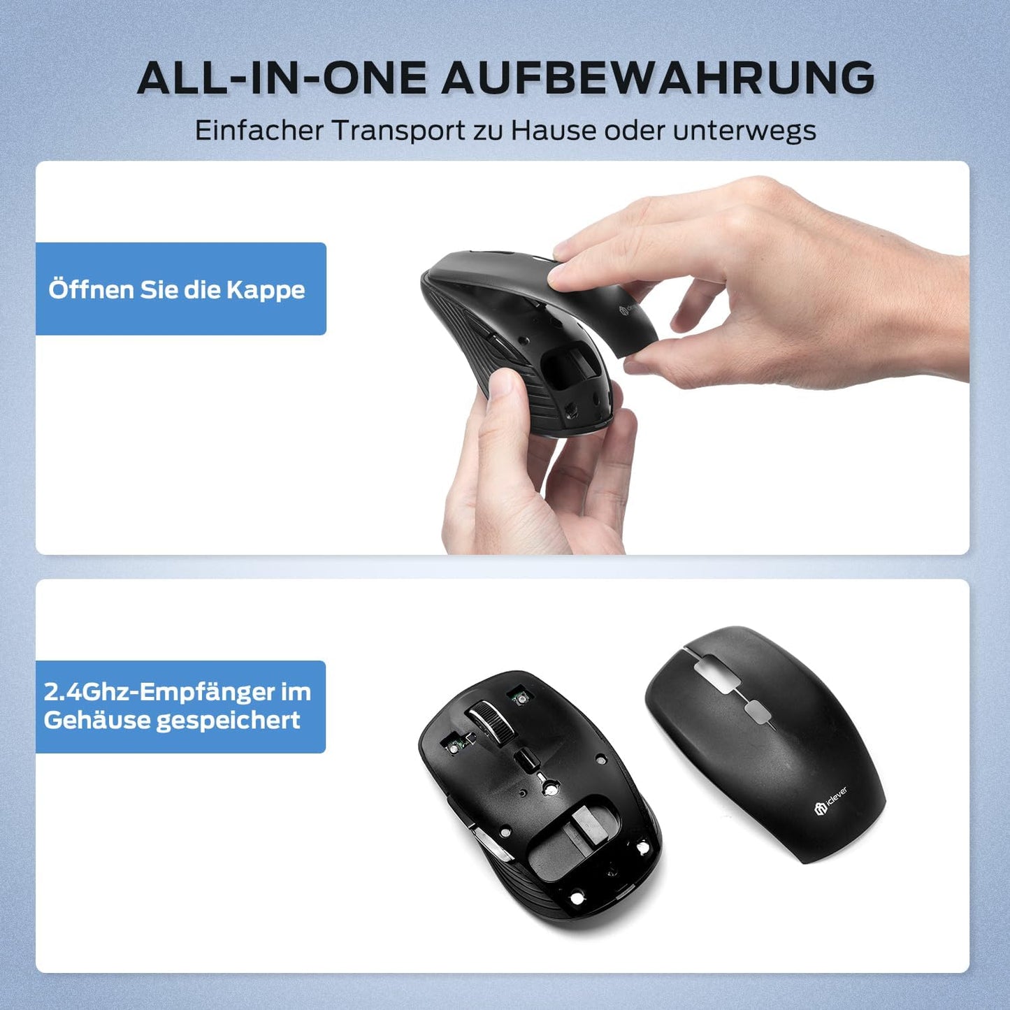 Mouse iClever MD165, Mod Dublu, Reincarcabil, Fara Fir, Bluetooth Type-C, Conexiuni Multiple, Wireless, DPI 800/1200/1600/2400, Negru, Design Ergonomic