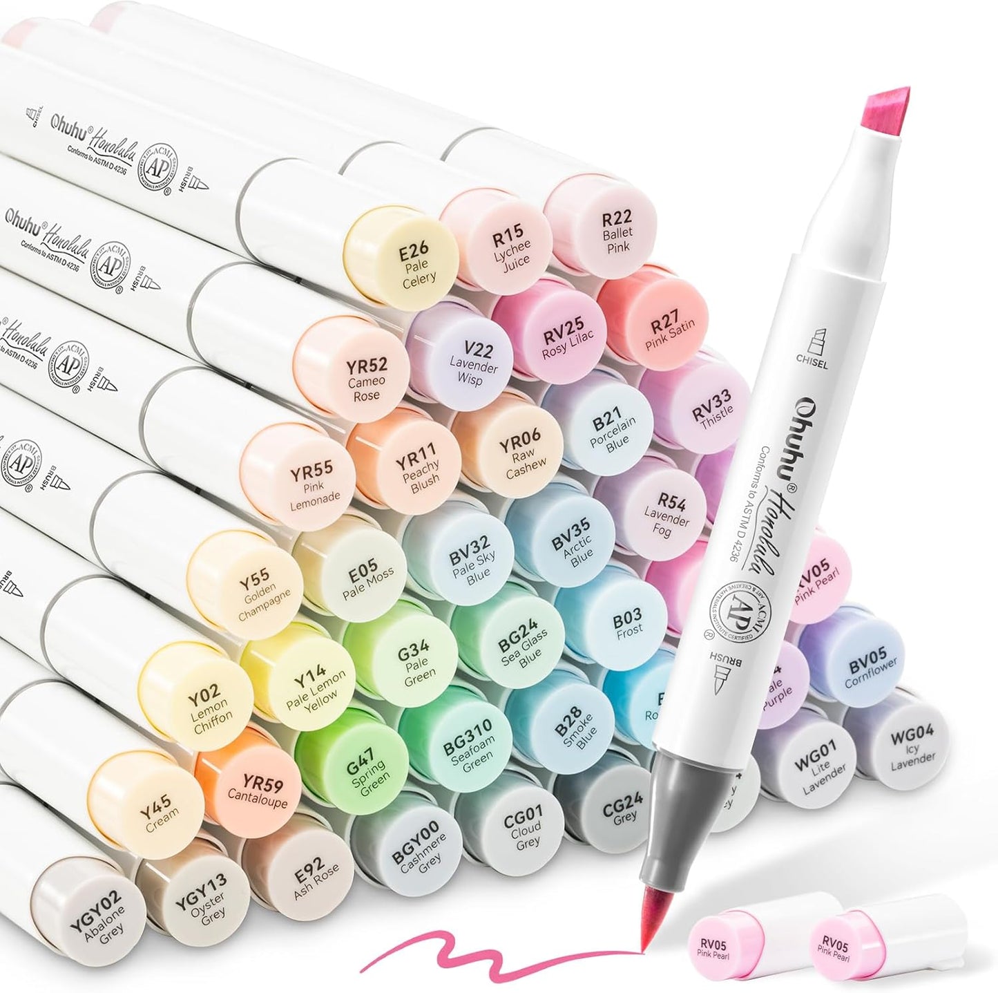 Ohuhu Honolulu Set 48 Markere, Baza Alcool, Dual Tips Brush&Chisel, Pastel Tones Y30-80404-26