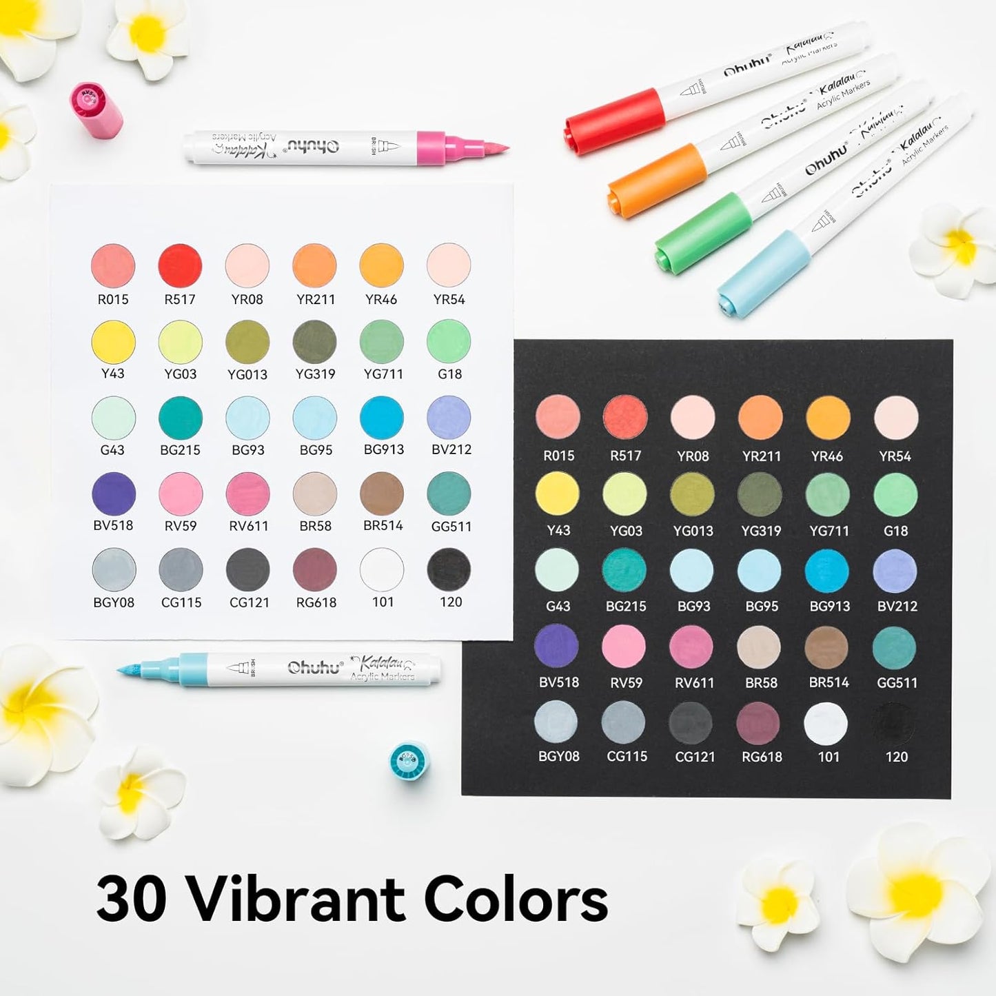 Ohuhu Set 30 Markere Acrilice Kalalau, Baza Apa, Varf Brush Flexibil, Pentru Sticla, Ceramica, Pietre, Lemn, Plastic, Hartie, Panza, Multicolor Y30-80601-82