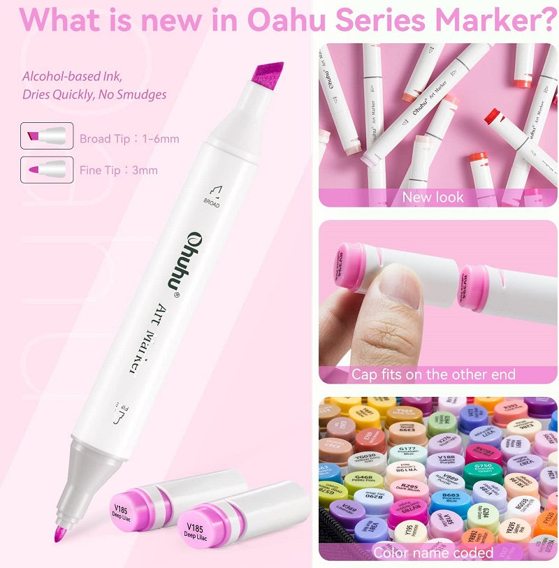 Ohuhu Oahu Set 160 Markere, Baza Alcool, Dual Tips Fine&Chisel, Multicolor Y30-80401-86