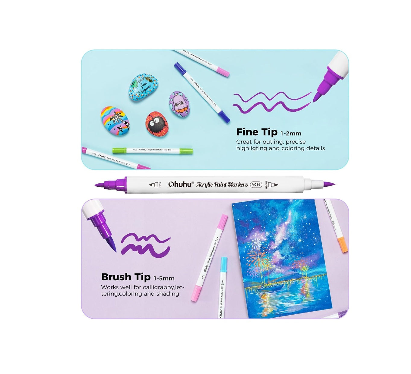 Ohuhu Set 72 Markere Acrilice Akaka, Varf Dublu Brush Fine, Vopsea Cu Opacitate Ridicată Pentru Pictat Pietre, Hartie, Ouă, Lemn, Sticlă, Ceramică Y30-80601-77