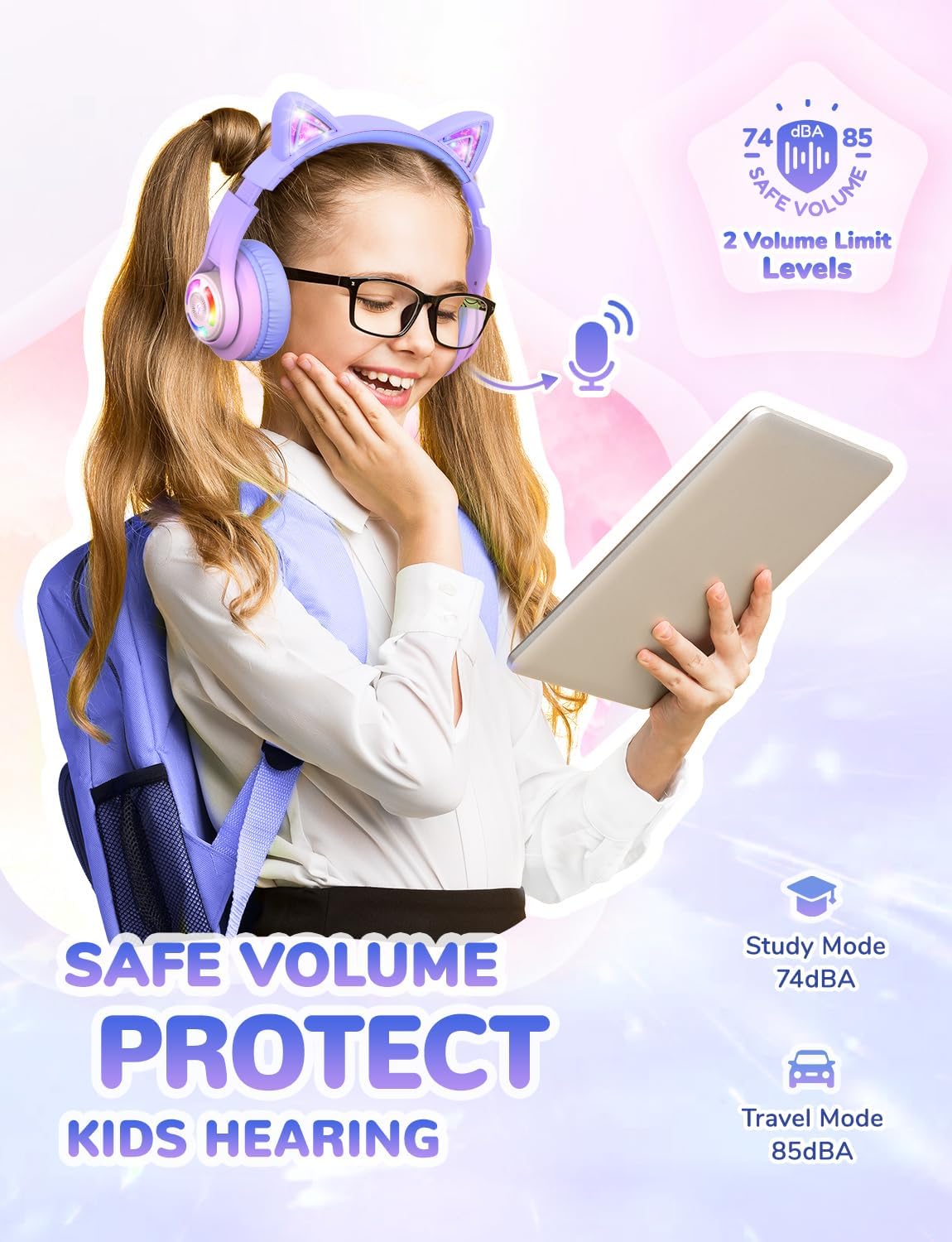 Căști iClever BTH13 Cat Ear Pentru Copii, Bluetooth 5.2, LED RGB , Volum Limitat 74/85dBA, Redare 50h, USB C, Wireless, Culoare Gradient Pink
