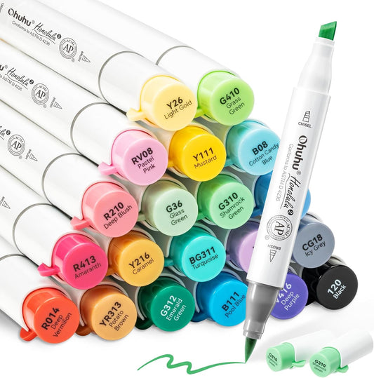 Ohuhu Honolulu Set 24 Markere, Baza Alcool, Dual Tips Brush&Chisel, Multicolor Y30-80404-23