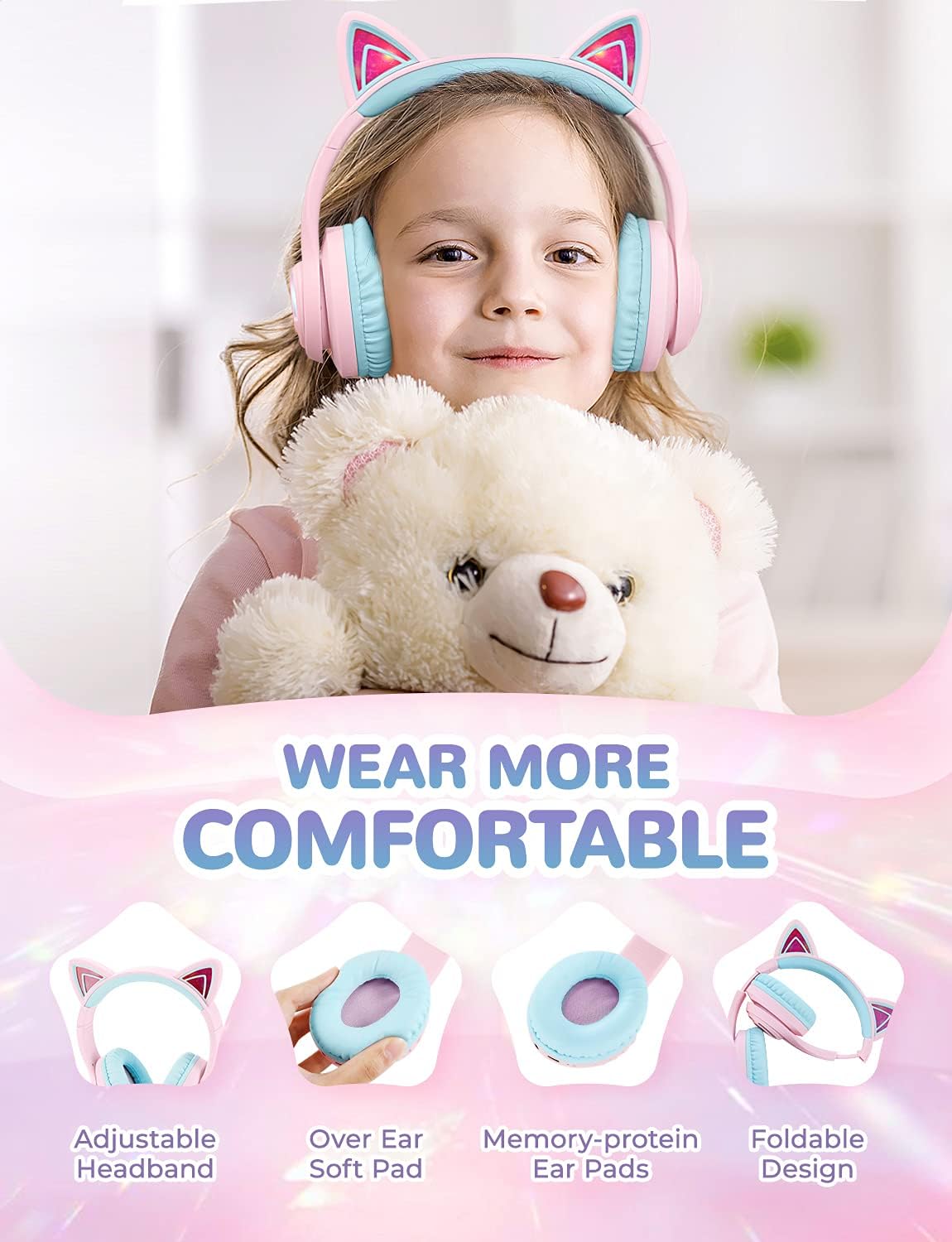 Căști iClever BTH13 Cat Ear Pentru Copii, Bluetooth 5.2, LED RGB , Volum Limitat 74/85dBA, Redare 50h, USB C, Wireless, Meow Macaron Pink