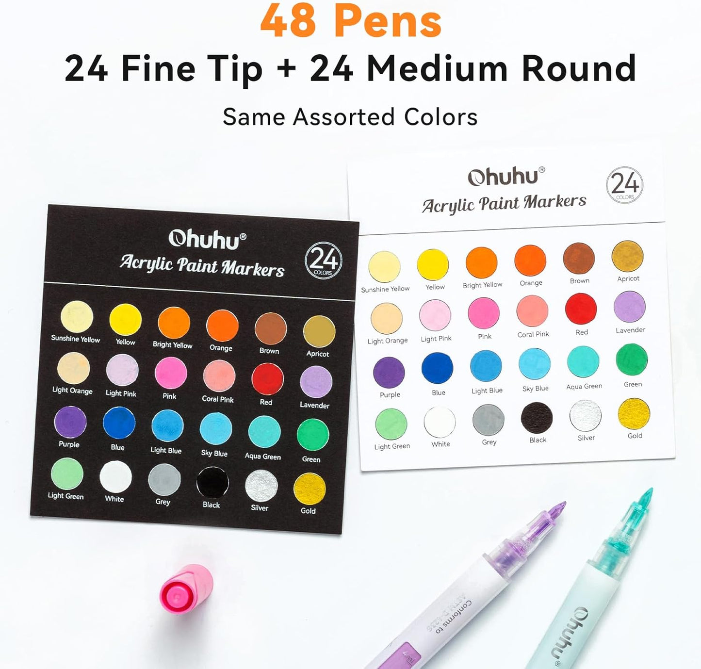 Ohuhu Set 48 Markere Vopsea Acrilica, 24 Cu Vârf Fin Si 24 Rotunde, Vârf Reversibil (Daltă Si Rotund), Pentru Pictura Pe StIclă, Ouă De Paște, Lemn, Plastic, Metal, Piatra Y30-80601-15