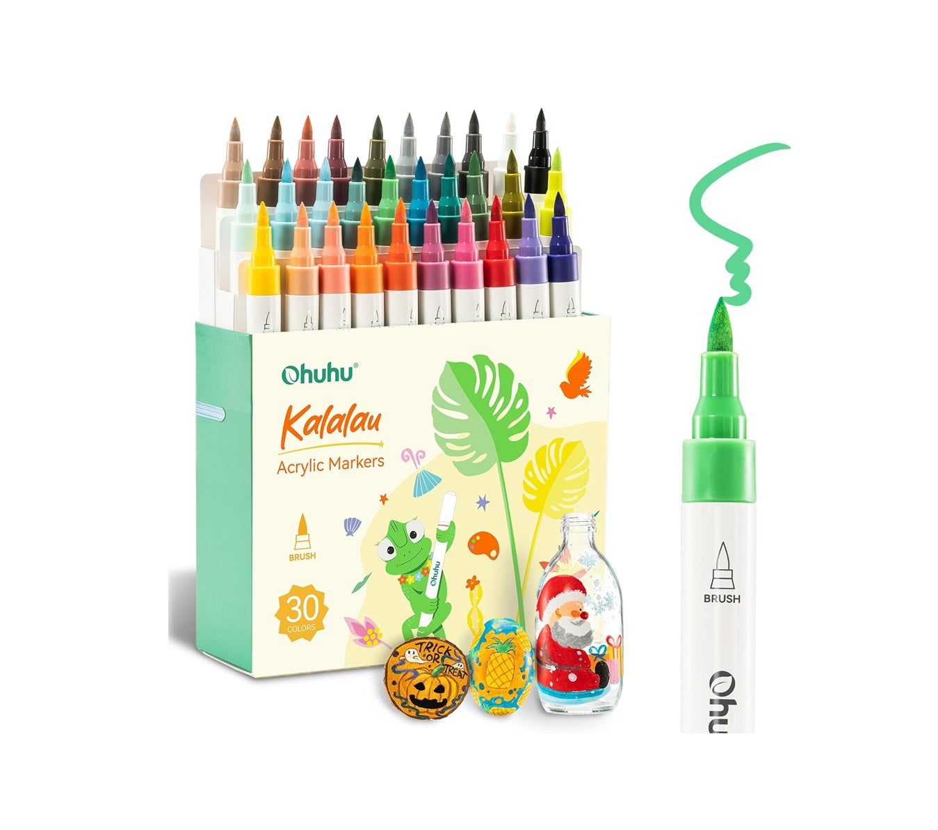 Ohuhu Set 30 Markere Acrilice Kalalau, Baza Apa, Varf Brush Flexibil, Pentru Sticla, Ceramica, Pietre, Lemn, Plastic, Hartie, Panza, Multicolor Y30-80601-82