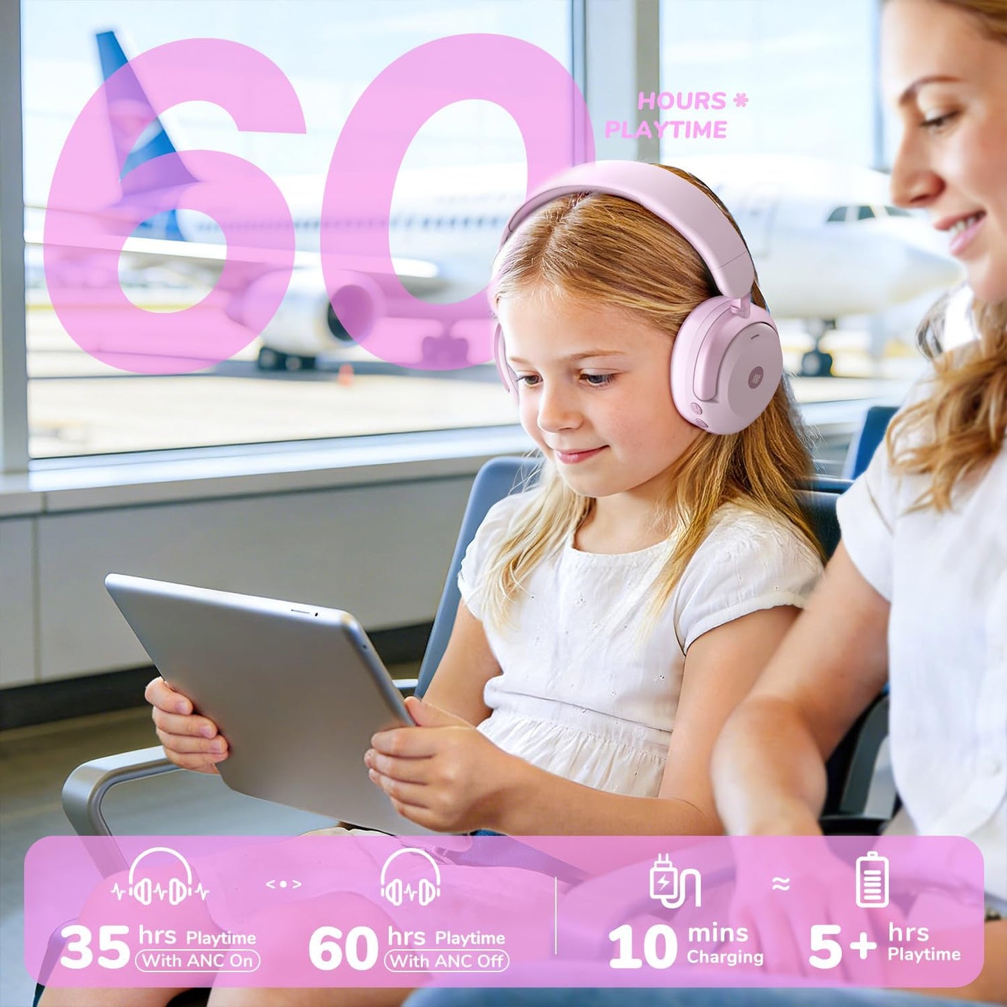 Căști iClever BTH20, Anulare Activă Zgomot, Redare 60 Ore, Incărcare Rapidă Tip C, Volum 80dBA, Bluetooth 5.4, Wireless, Culoare Light Pink