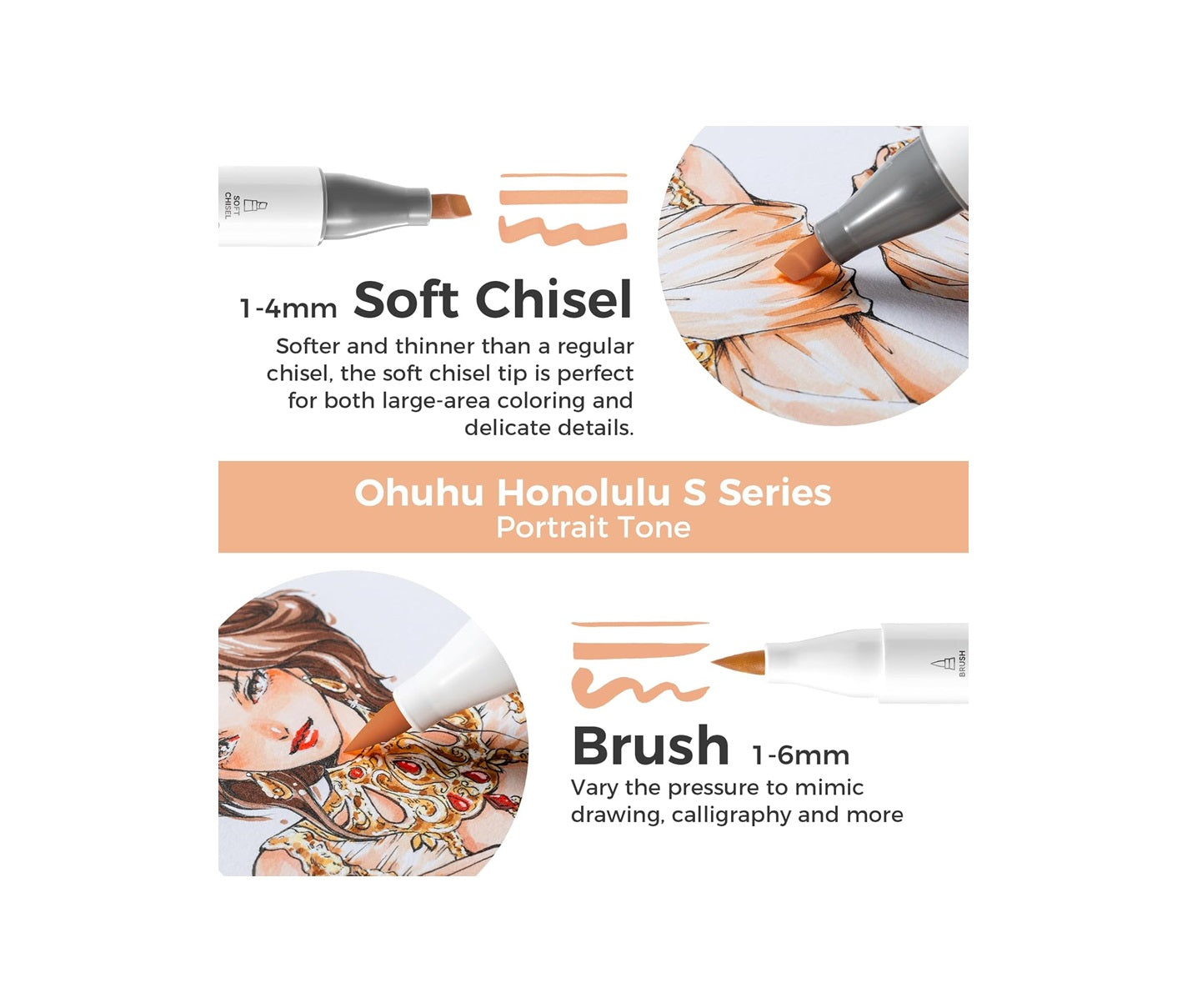 Ohuhu Honolulu S, Set 24 Markere, Baza Alcool, Dual Soft Tips Brush&Soft Chisel, Skin Tones Y30-80405-37