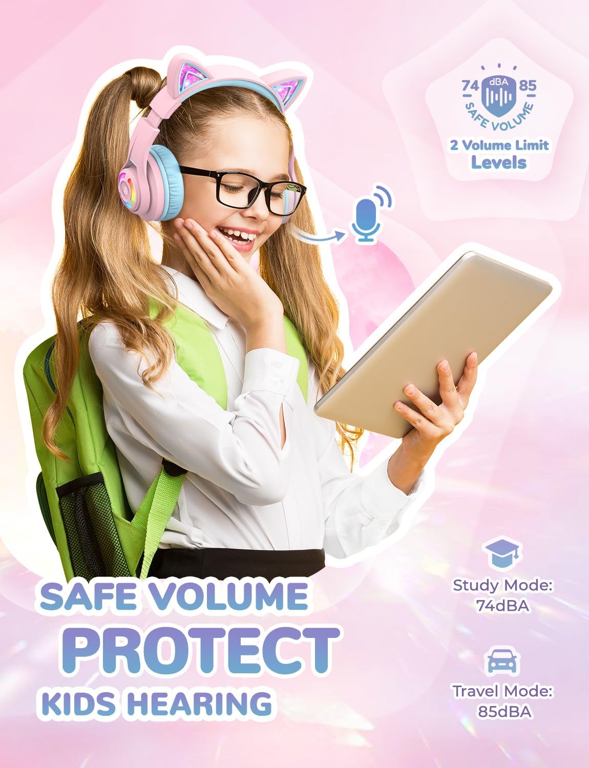Căști iClever BTH13 Cat Ear Pentru Copii, Bluetooth 5.2, LED RGB , Volum Limitat 74/85dBA, Redare 50h, USB C, Wireless, Meow Macaron Pink