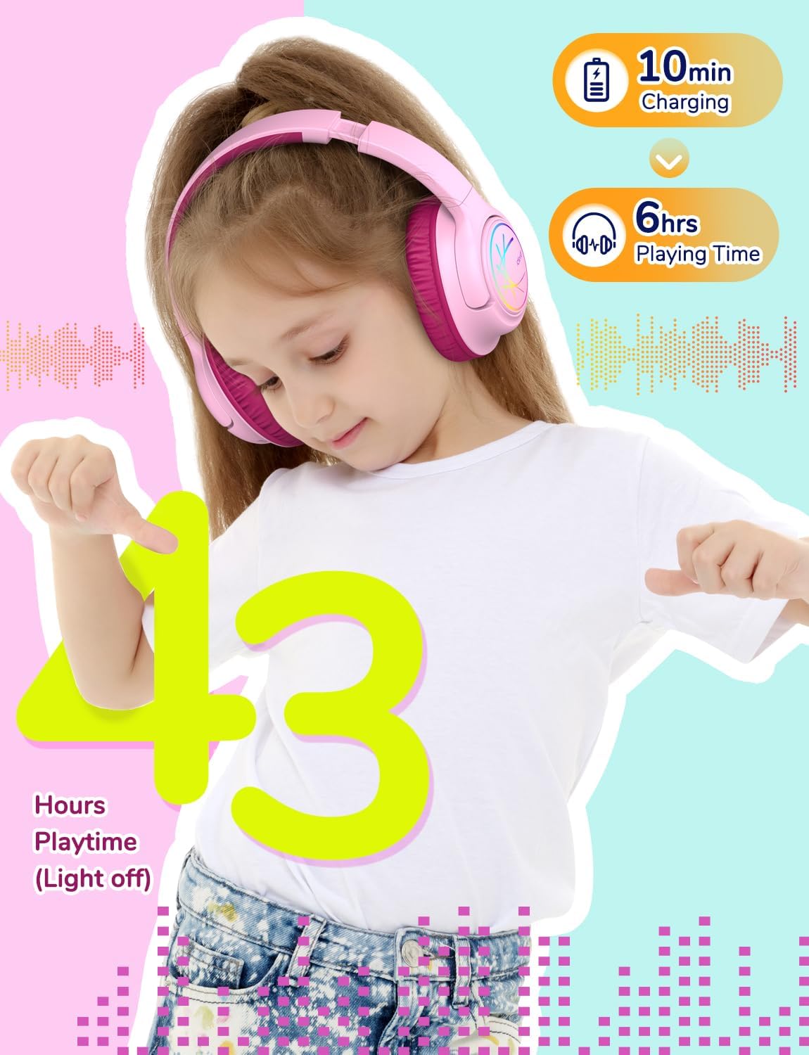 Căști iClever BTH18 Pentru Copii, Lumini LED, 43h redare, Incărcare Rapidă Type-C, Volum Sigur 74/85dBA, Bluetooth 5.3, Culoare Pink