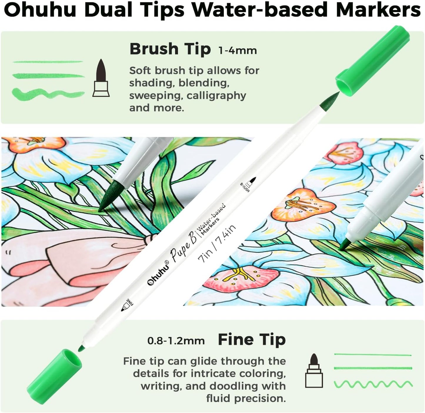 Ohuhu Set 40 Markere Pupe B  Si Carte De Colorat, Varf Dublu Brush&Fine, Paper-Friendly, Hârtie, 230 g/m², Baza Apa, Y30-80601-65