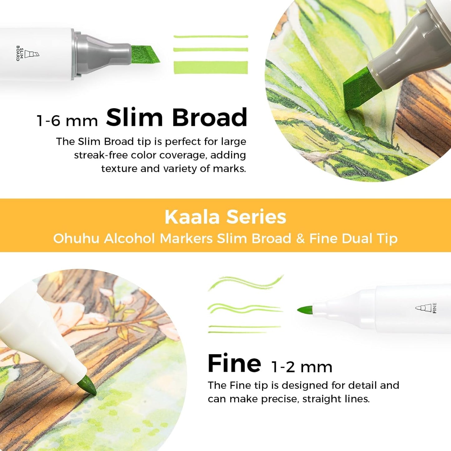 Ohuhu Kaala Series Set 108 Markere, Baza Alcool, Dual Tips Slim Broad & Fine, Basic Tones Y30-80405-48