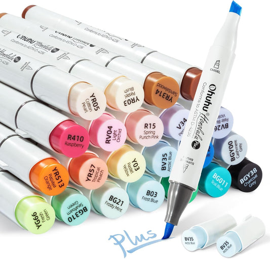 Ohuhu Honolulu Plus, Series Supreme, Set 24 Markere, Baza Alcool, Dual Tips Brush&Chisel, Cu Vârf Pensulă Din Cauciuc, Multicolor, Y30-80403-44