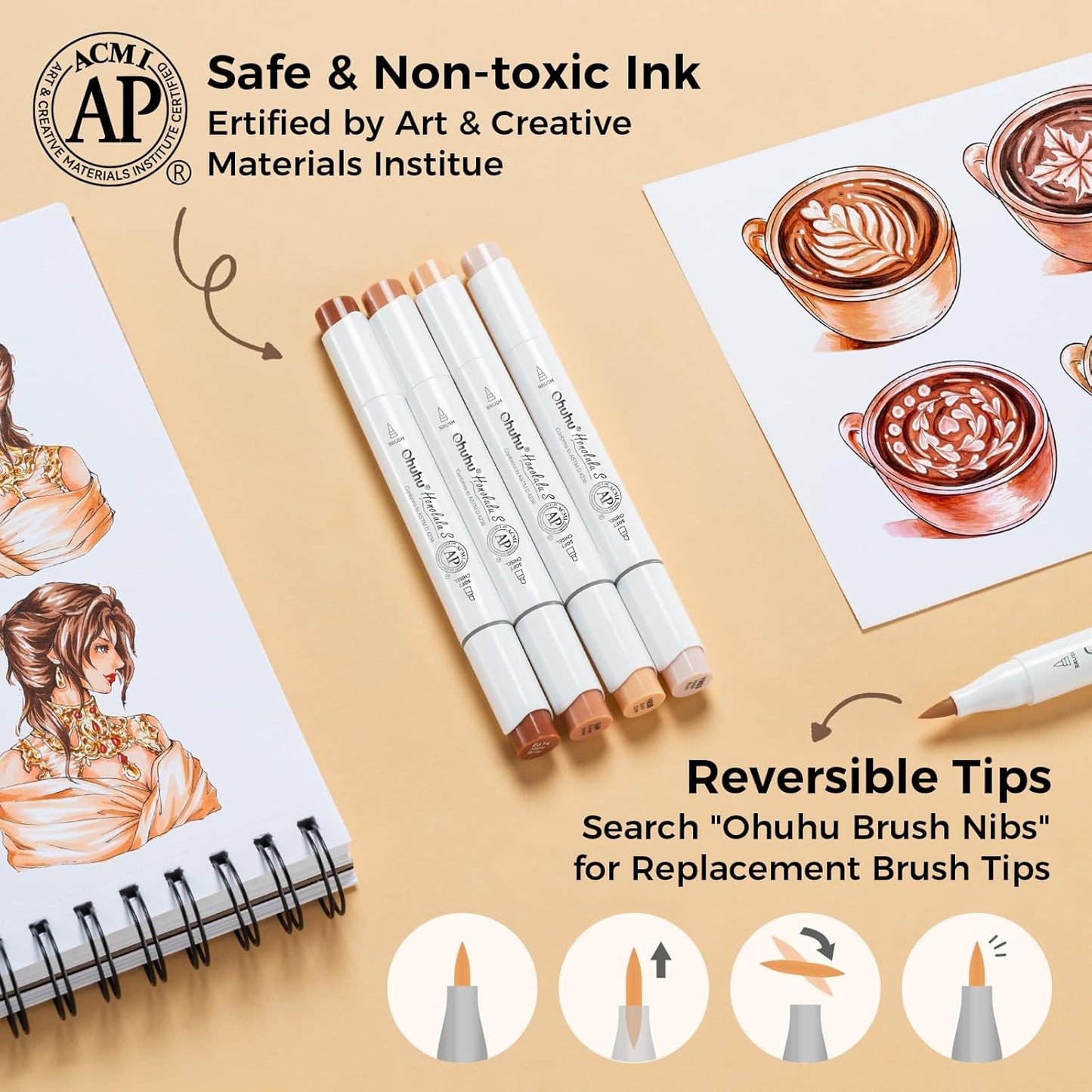 Ohuhu Honolulu S, Set 24 Markere, Baza Alcool, Dual Soft Tips Brush&Soft Chisel, Skin Tones Y30-80405-37