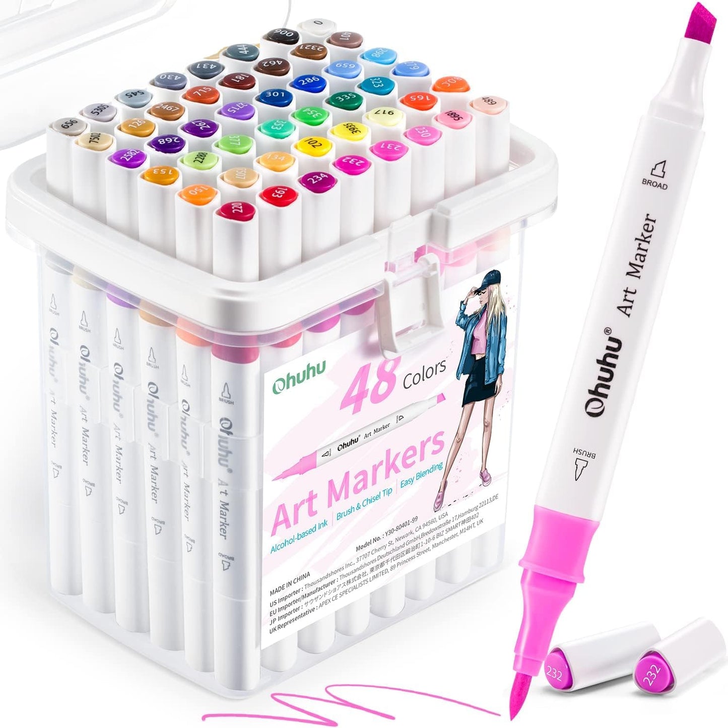 Ohuhu Set 48 Markere, Baza Alcool, Dual Tips Brush&Chisel, Multicolor Y30-80401-99