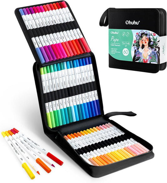 Ohuhu Pupe Set 60 Markere Ohuhu Paper Friendly, Bază Apă, Fără Peeling, Varf Dublu Brush & Fineliner, Non Toxic, Y30-80601-39