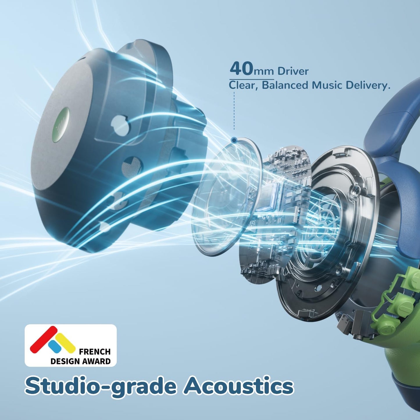 Căști iClever BTH20, Anulare Activă Zgomot, Redare 60 Ore, Incărcare Rapidă Tip C, Volum 80dBA, Bluetooth 5.4, Wireless, Culoare Albastru