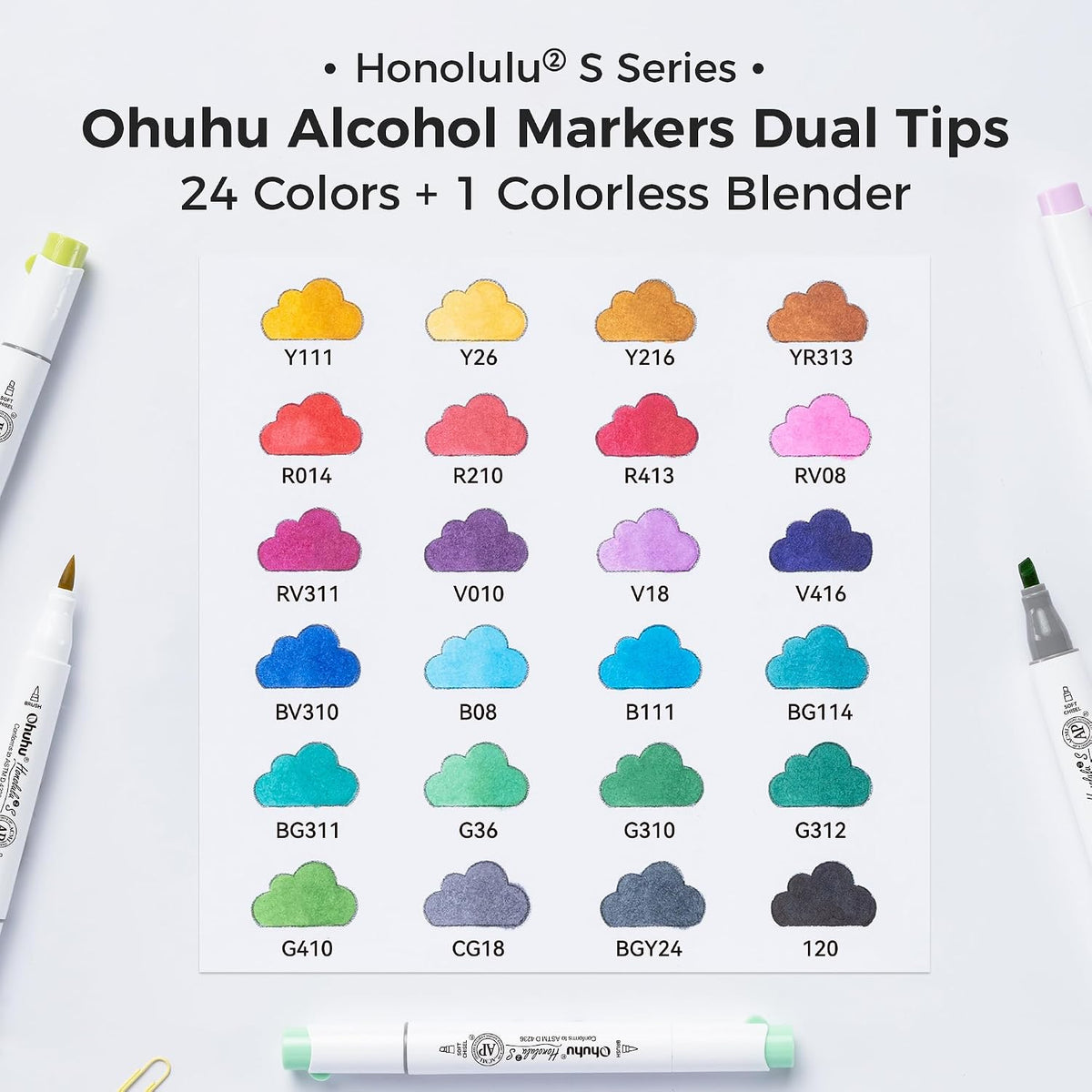 Ohuhu Honolulu² S, Set 24 Markere, Baza Alcool, Dual Soft Tips Brush&Soft Chisel, Multicolor Y30-80406-39