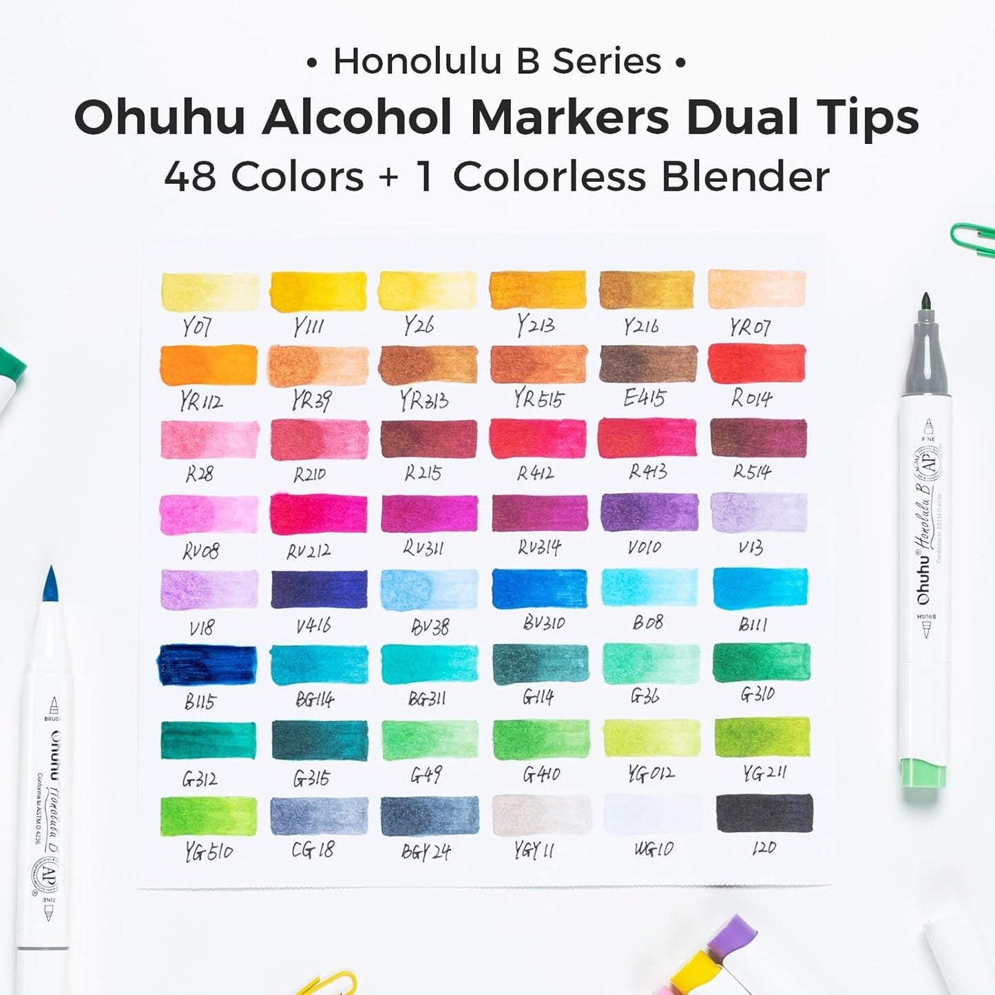 Ohuhu Honolulu² B Set 48 Markere, Baza Alcool, Dual Tips Brush&Fine, Multicolor Y30-80406-58