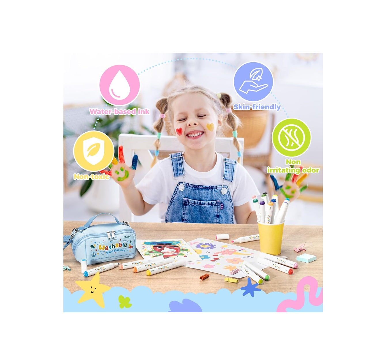 Ohuhu Set 24 Markere Acrilice Ultra Lavabile, Baza Apa, Varf Rotund, Pentru Sticla, Ceramica, Pietre, Lemn, Plastic, Hartie, Panza, Multicolor Y30-80601-83