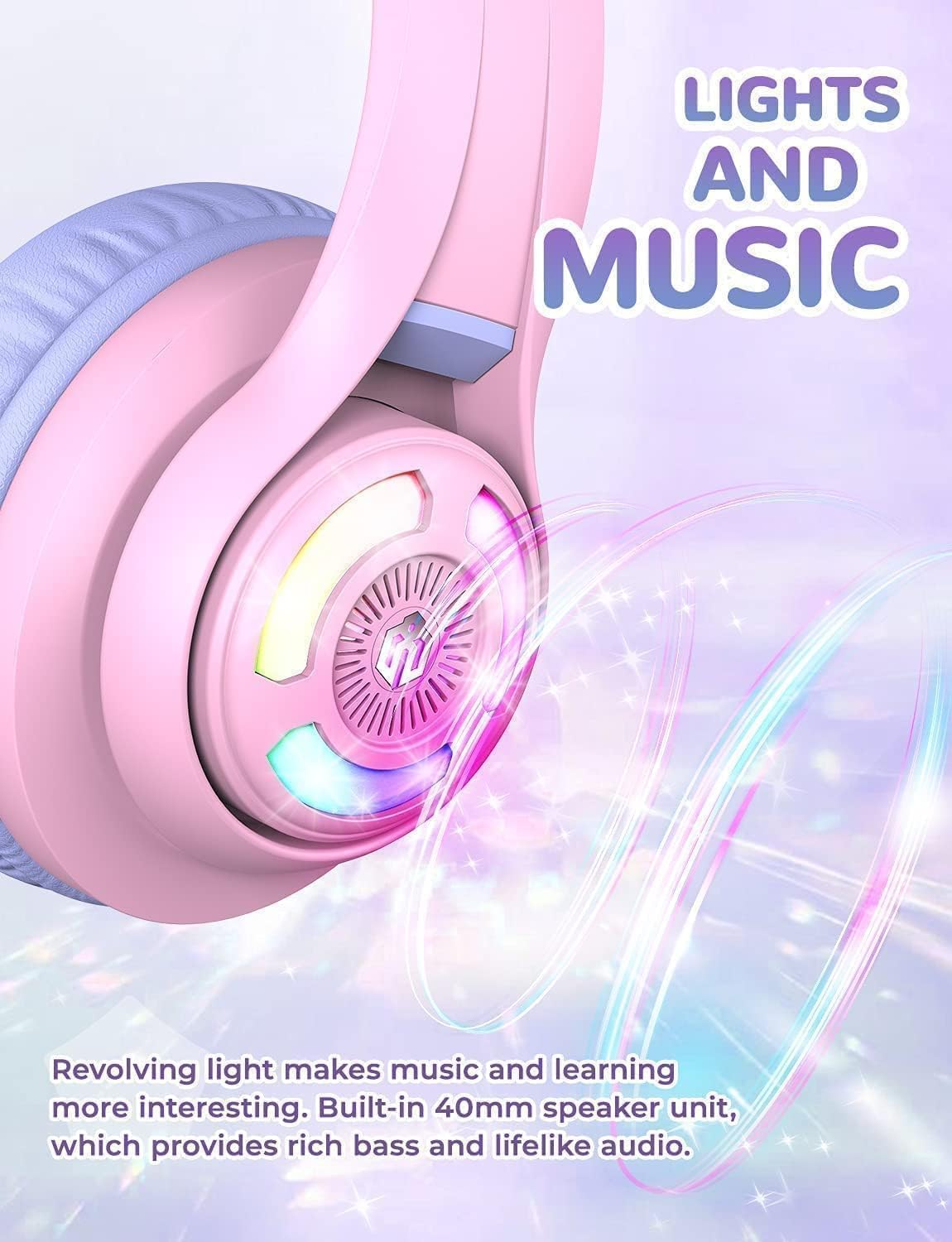 Căști iClever BTH13 Cat Ear Pentru Copii, Bluetooth 5.2, LED RGB , Volum Limitat 74/85dBA, Redare 50h, USB C, Wireless, Culoare Light Purple