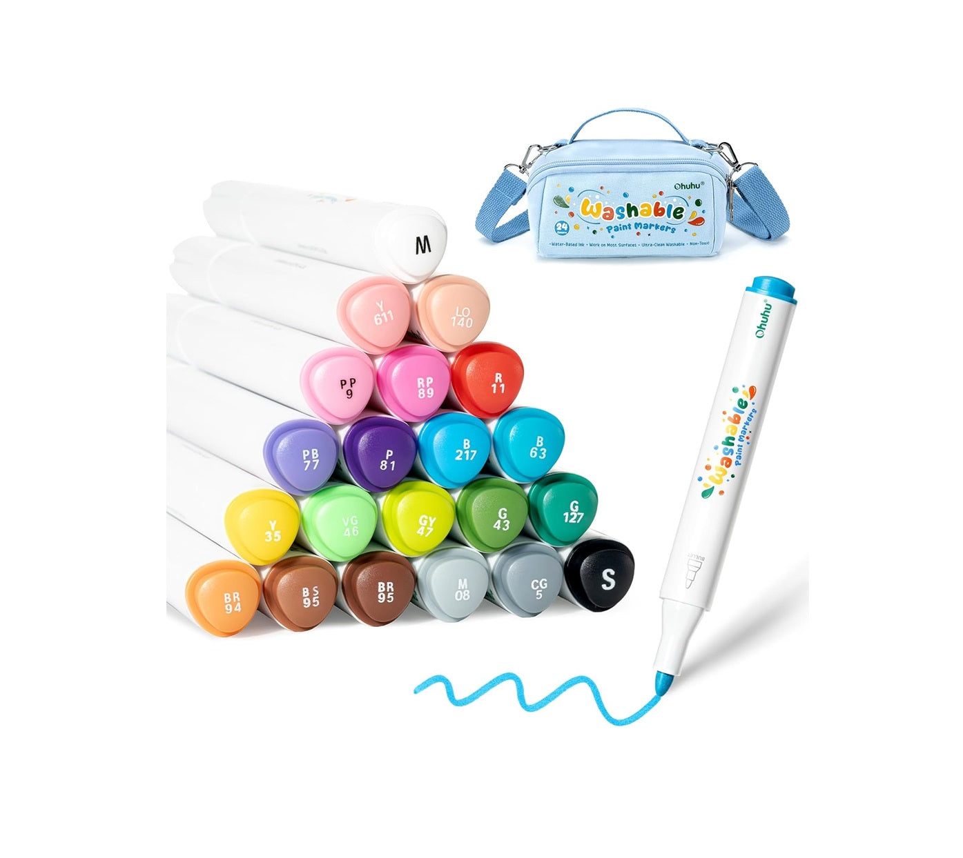 Ohuhu Set 24 Markere Acrilice Ultra Lavabile, Baza Apa, Varf Rotund, Pentru Sticla, Ceramica, Pietre, Lemn, Plastic, Hartie, Panza, Multicolor Y30-80601-83