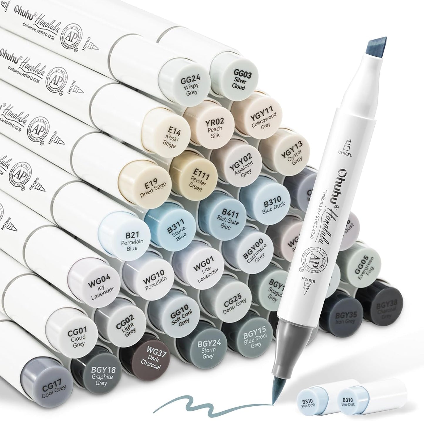 Ohuhu Honolulu Set 36 Markere, Varf Dublu Brush&Chisel, Baza Alcool, Gray Tone Y30-80404-17