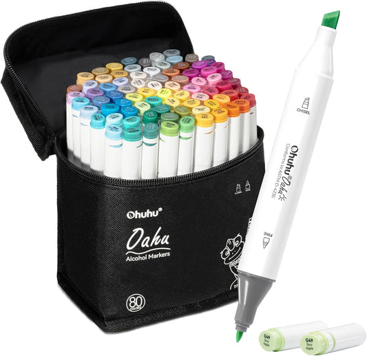 Ohuhu Oahu Set 80 Markere,  Varf Dublu Fine&Chisel, Baza Alcool, Multicolor Y30-80405-05