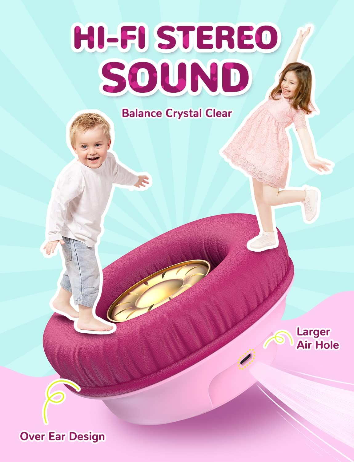 Căști iClever BTH18 Pentru Copii, Lumini LED, 43h redare, Incărcare Rapidă Type-C, Volum Sigur 74/85dBA, Bluetooth 5.3, Culoare Pink