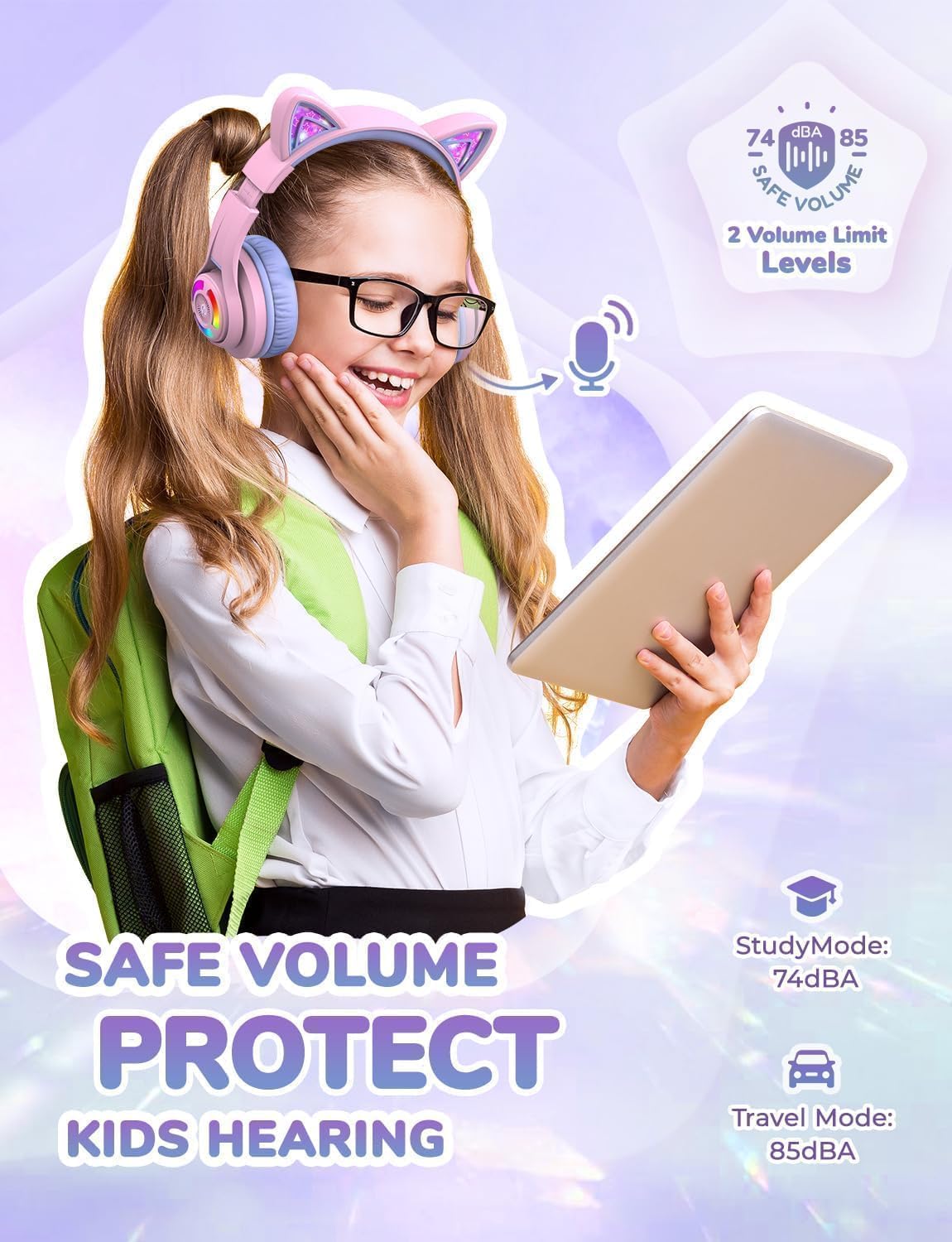 Căști iClever BTH13 Cat Ear Pentru Copii, Bluetooth 5.2, LED RGB , Volum Limitat 74/85dBA, Redare 50h, USB C, Wireless, Culoare Light Purple