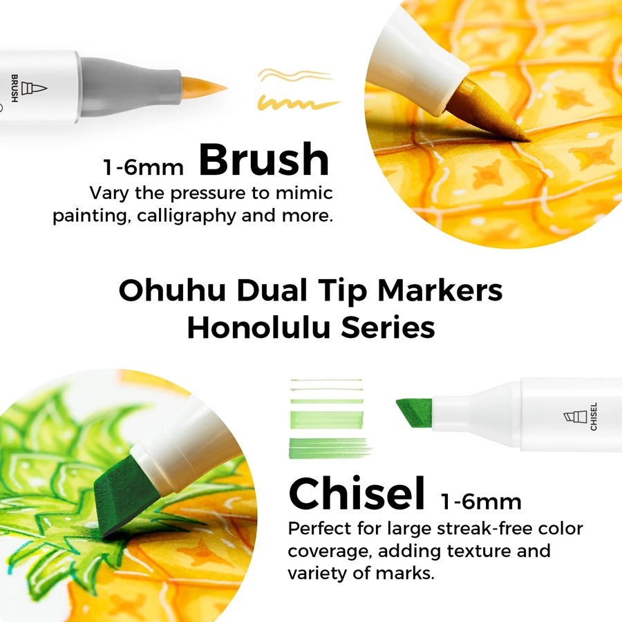 Ohuhu Honolulu Set 60 Markere, Baza Alcool, Dual Tips Brush&Chisel, Multicolor Y30-80405-44