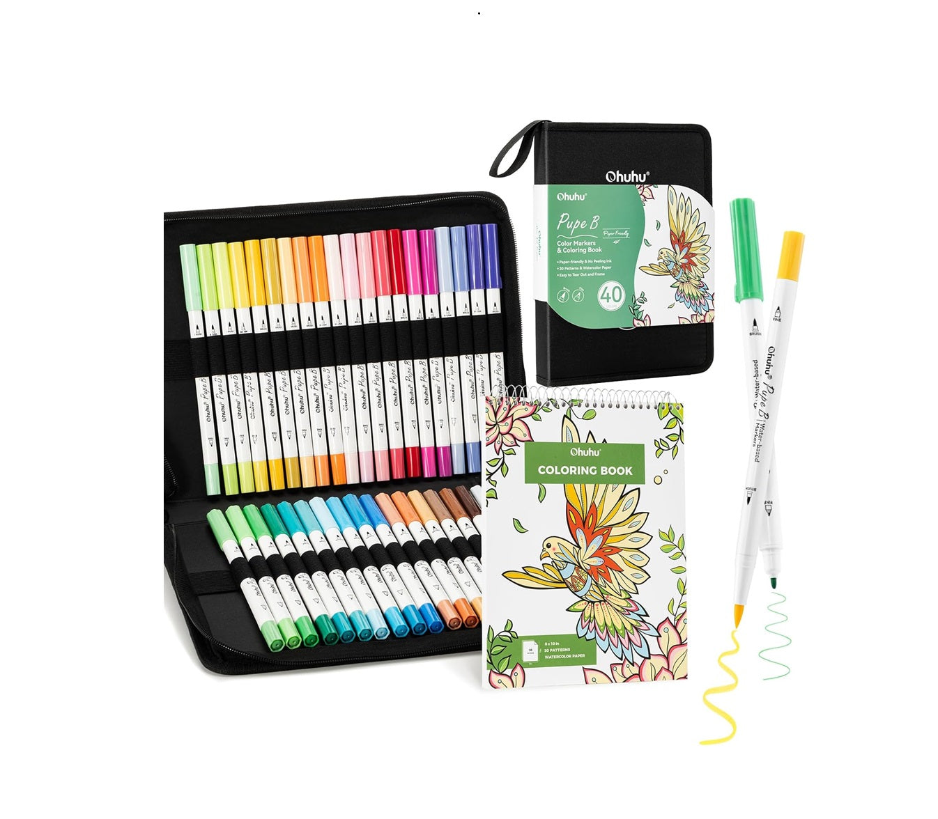 Ohuhu Set 40 Markere Pupe B  Si Carte De Colorat, Varf Dublu Brush&Fine, Paper-Friendly, Hârtie, 230 g/m², Baza Apa, Y30-80601-65