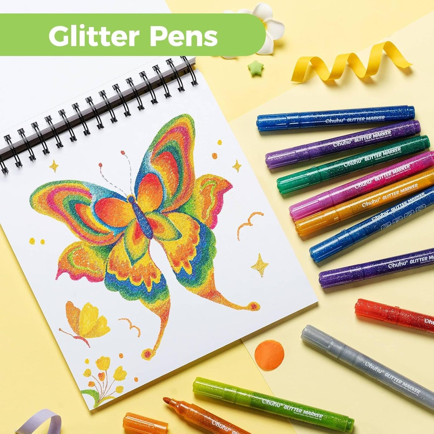 Ohuhu Set 12 Markere Glitter Metallic, Baza Apa, Varf Rotund 3.0 mm, Multicolor Y30-80601-97