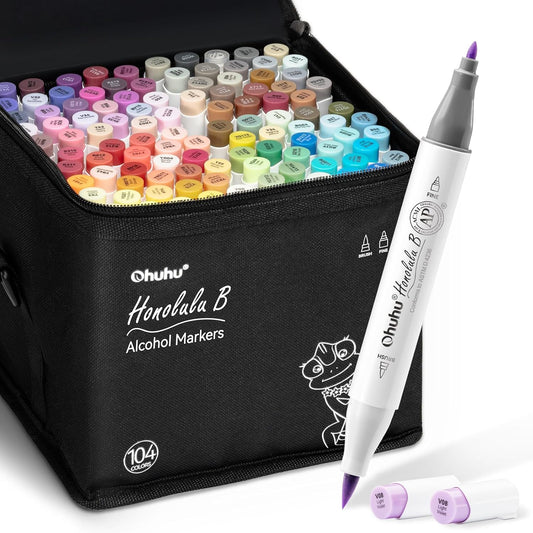 Ohuhu Honolulu B, Set 104 Markere, Baza Alcool, Dual Tips Brush&Fine, Multicolor Y30-80404-75