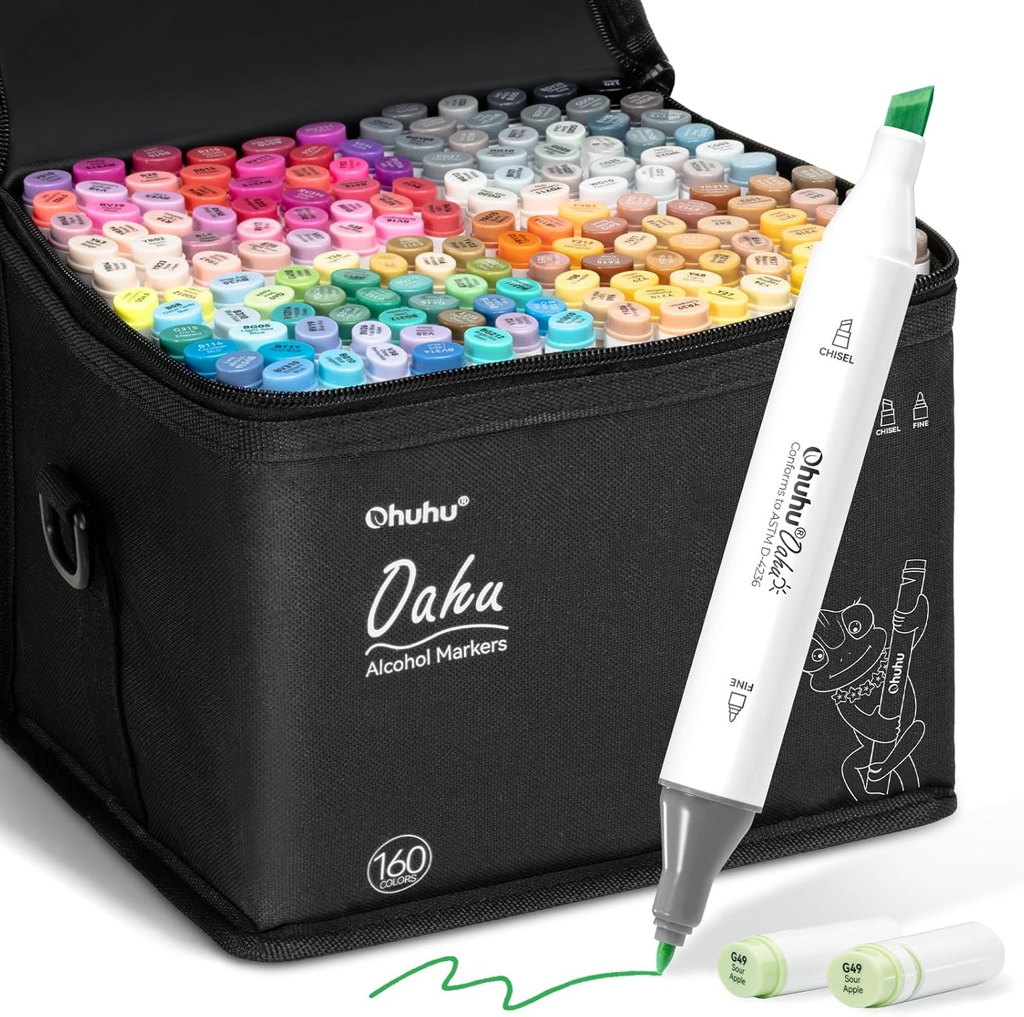 Ohuhu Oahu Set 160 Markere, Baza Alcool, Dual Tips Fine&Chisel, Multicolor Y30-80405-10