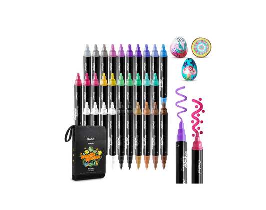 Ohuhu Set 30 Markere Acrilice, 24 De Culori Metalice, Varfuri Duble, Rotunde Si Fine, Vopsea Cu Opacitate Ridicată Pentru Pictat Pietre, Hartie, Ouă, Lemn, Sticlă, Ceramică Y30-80601-58