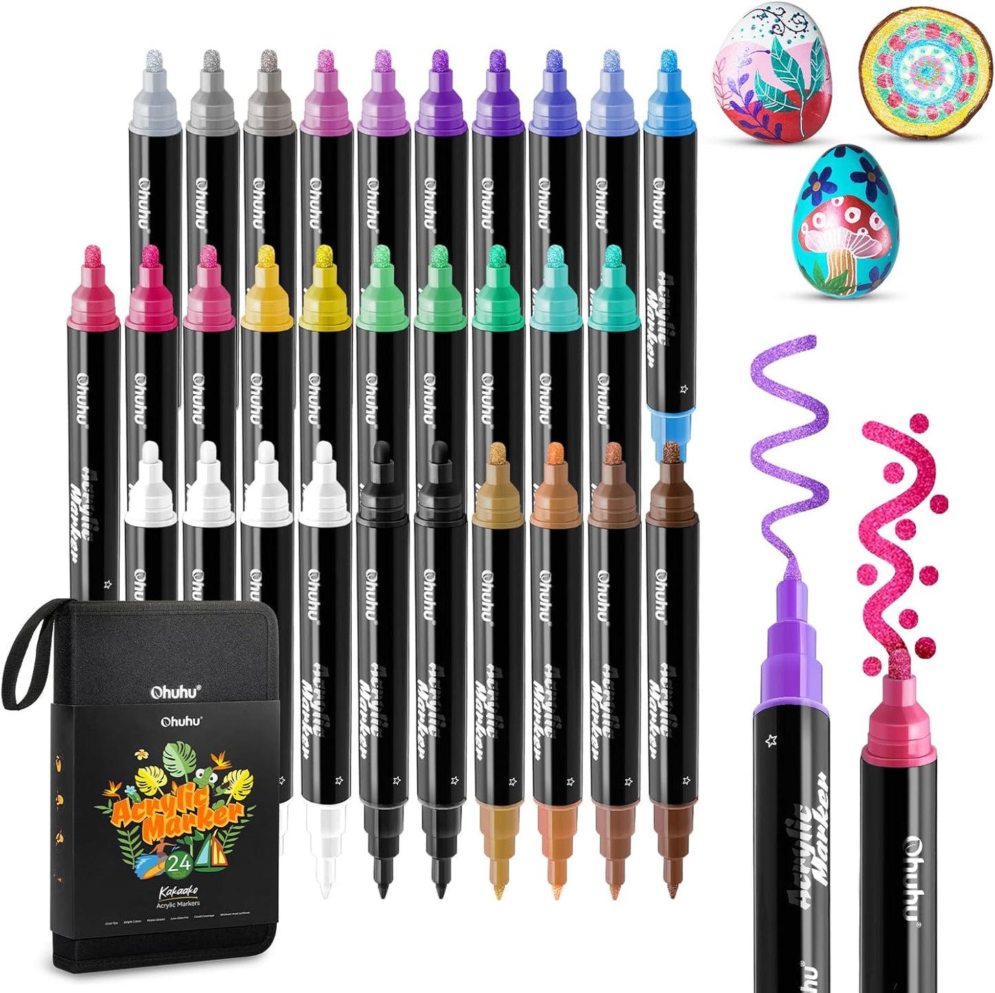 Ohuhu Kakaako Set 30 Markere Acrilice, 24 De Culori Metalice, Varfuri Duble, Rotunde Si Fine, Vopsea Cu Opacitate Ridicată Pentru Pictat Pietre, Hartie, Ouă, Lemn, Sticlă, Ceramică Y30-80601-58