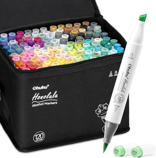 Ohuhu Honolulu Set 120 Markere, Baza Alcool, Dual Tips Brush&Chisel, Multicolor Y30-80404-28