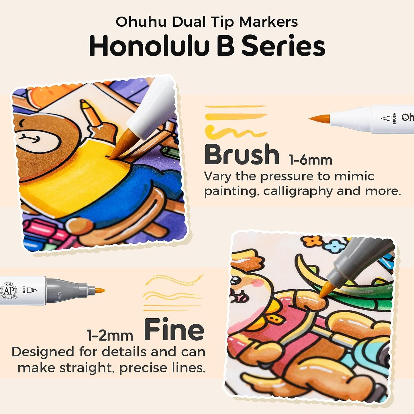 Ohuhu Honolulu B Set 48 Markere, Baza Alcool, Dual Tips Brush&Fine, Multicolor Si Carte De Colorat Y30-80406-18