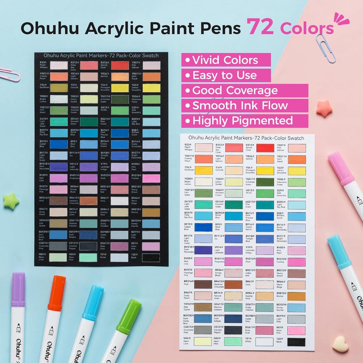 Ohuhu Set 72 Markere Acrilice Akaka, Varf Dublu Brush Fine, Vopsea Cu Opacitate Ridicată Pentru Pictat Pietre, Hartie, Ouă, Lemn, Sticlă, Ceramică Y30-80601-77
