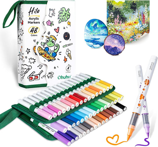 Ohuhu Hilo Set 48 Markere Acrilice, Direct-ink, Baza Apa, Varf Flexibil, Pentru Sticla, Ceramica, Pietre, Lemn, Plastic, Hartie, Panza, Multicolor Y30-80602-15