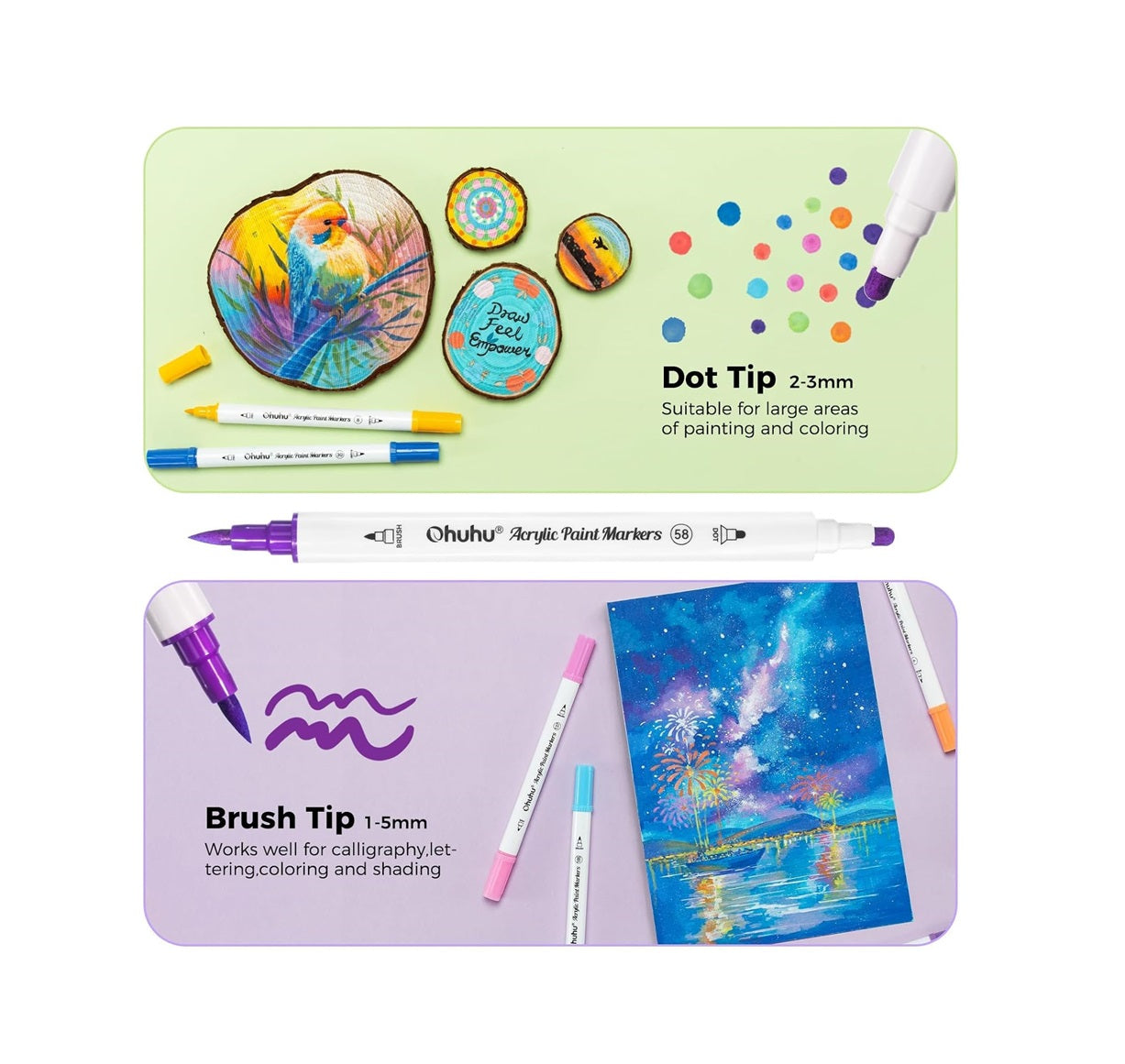 Ohuhu Set 72 Markere Acrilice Akaka, Varf Dublu Brush Dot, Vopsea Cu Opacitate Ridicată Pentru Pictat Pietre, Hartie, Ouă, Lemn, Sticlă, Ceramică Y30-80601-78
