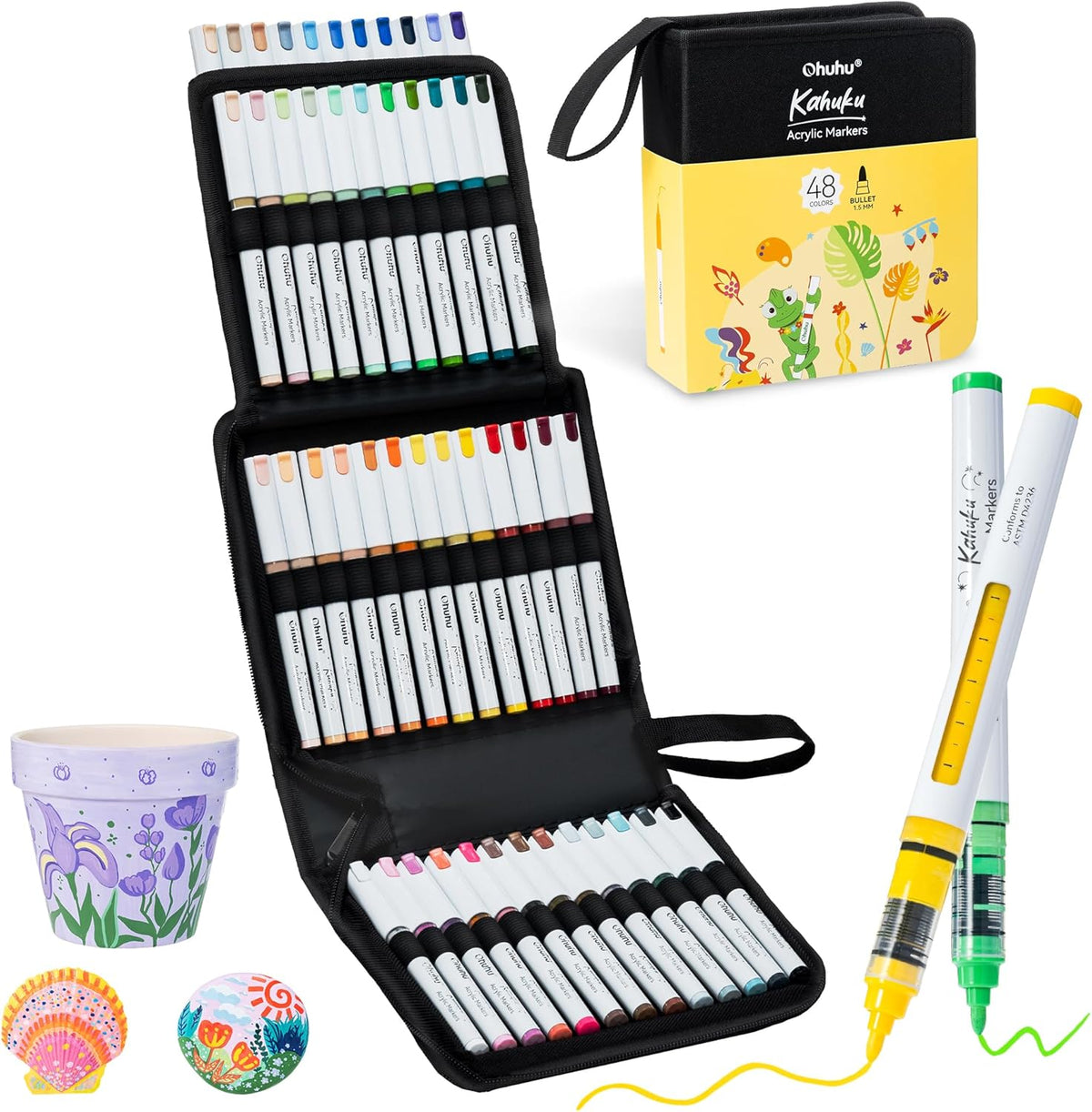 Ohuhu Kahuku Set 48 Markere Acrilice, Direct-Ink, Baza Apa, Varf Rotund, Pentru Sticla, Ceramica, Pietre, Lemn, Plastic, Hartie, Panza, Multicolor Y30-80602-10