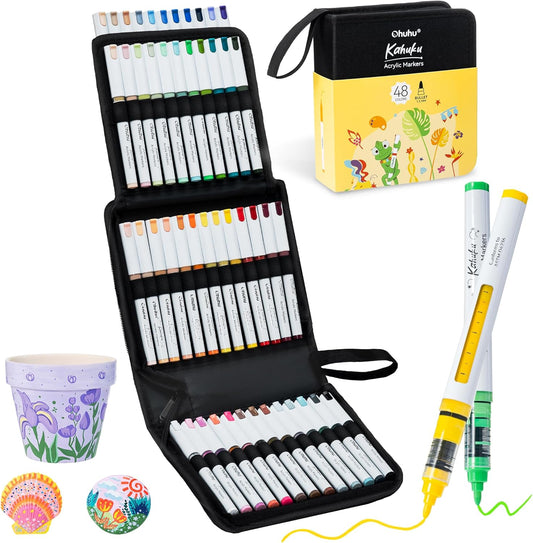 Ohuhu Kahuku Set 48 Markere Acrilice, Direct-Ink, Baza Apa, Varf Rotund, Pentru Sticla, Ceramica, Pietre, Lemn, Plastic, Hartie, Panza, Multicolor Y30-80602-10