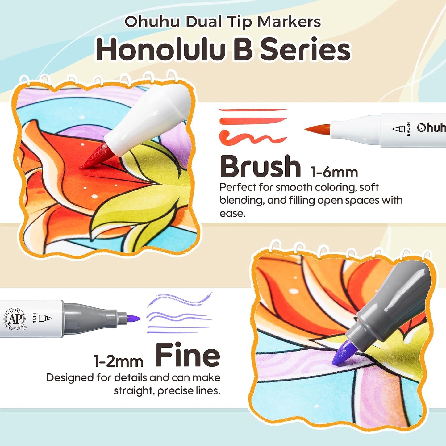 Ohuhu x Jade Summer, Honolulu B, Set 48 Markere, Bază Alcool, Dual Tips Brush&Fine Si Carte De Colorat, Y30-80406-63