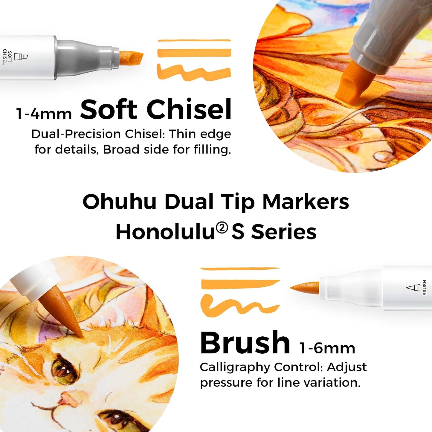 Ohuhu Honolulu² S, Set 72 Markere, Baza Alcool, Dual Soft Tips Brush&Soft Chisel, Multicolor Y30-80406-41