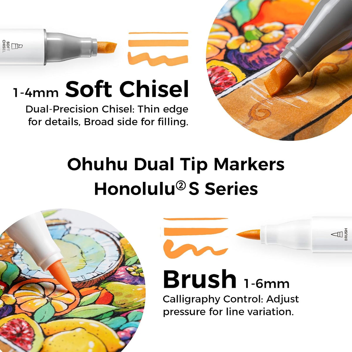 Ohuhu Honolulu² S, Set 120 Markere, Baza Alcool, Dual Soft Tips Brush&Soft Chisel, Multicolor Y30-80406-42