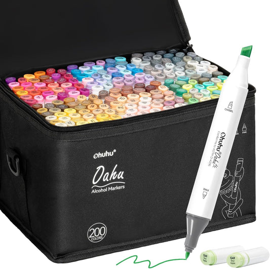 Ohuhu Oahu Set 200 Markere, Baza Alcool, Dual Tips Fine&Chisel, Multicolor Y30-80405-12