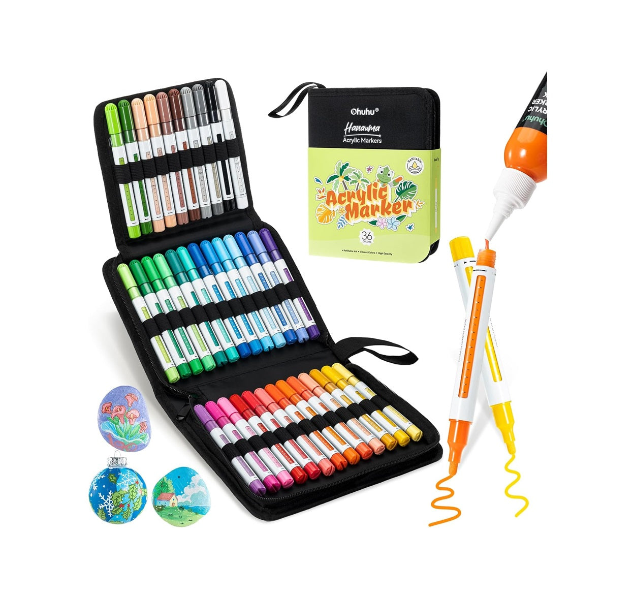 Ohuhu Set 36 Markere Acrilice Hanauma, Vârf Rotund, Vopsea Cu Opacitate Ridicată Pentru Pictat Pietre, Hârtie, Ouă, Lemn, Sticlă, Ceramică Y30-80601-98
